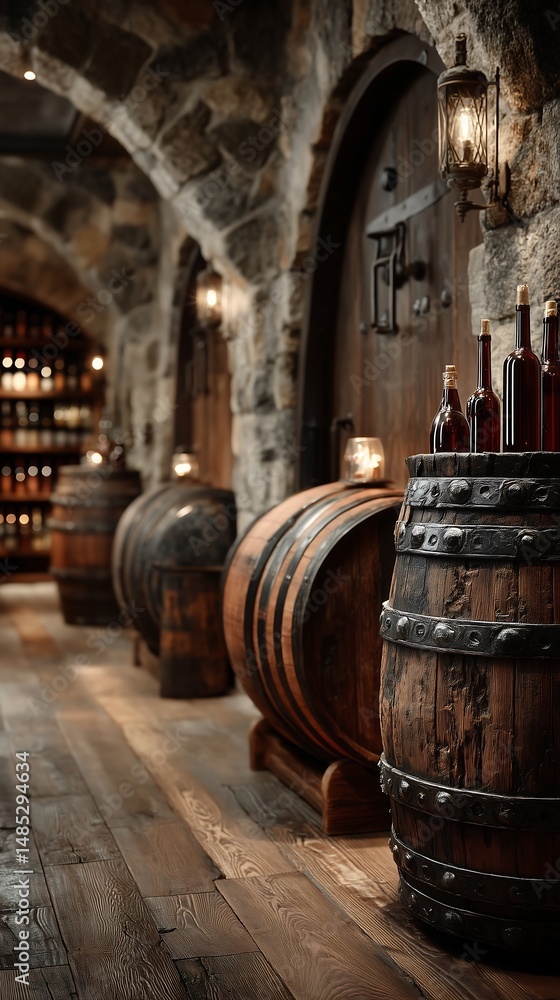 Naklejka premium Vintage Wine Cellar with Wooden Barrels and Bottles