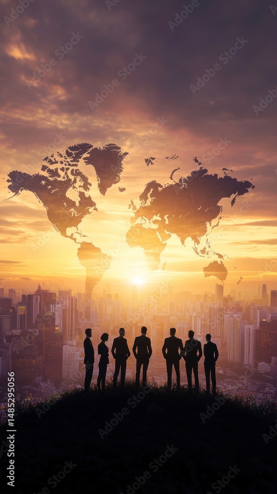 Global business team looking at a world map during sunrise Global business team looking at a world map during sunrise
