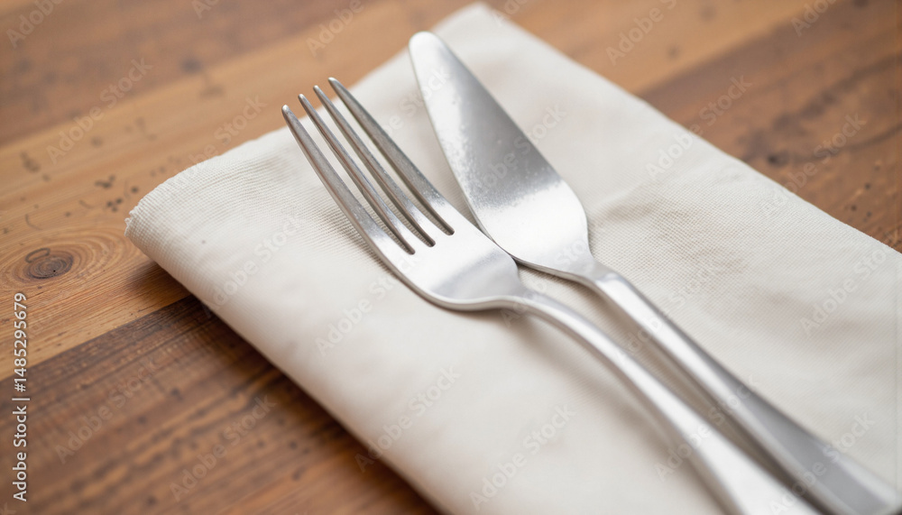 Elegant cutlery arranged on cloth napkin against wooden table, dining Elegant cutlery arranged on cloth napkin against wooden table, dining