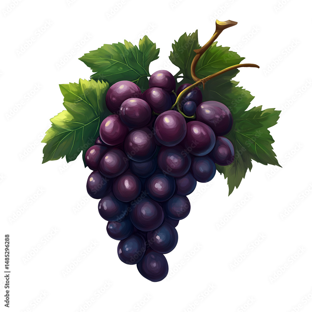 Fototapeta premium Drawing of Fresh Dark Grapes with Green Leaves on White or Transparent Background