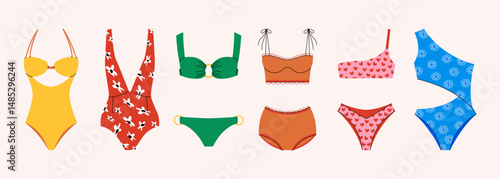 Swimwear set. Woman bikini swimsuit beachwear, summer bathing clothes and flat swim wear bra panties, cartoon fashion beach wear lingerie. Vector colorful swim suit collection