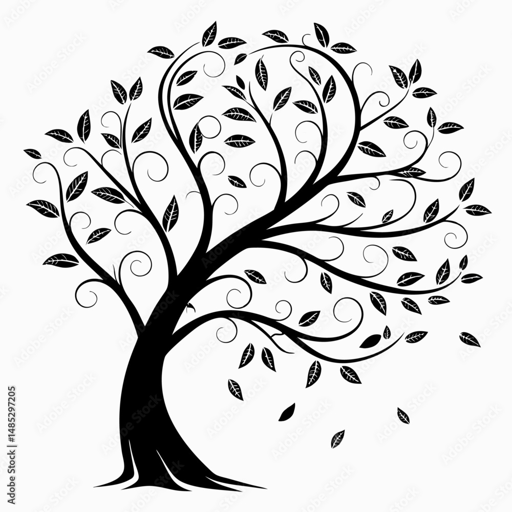 Obraz premium Elegant Tree Silhouette with Leaves – Black and White