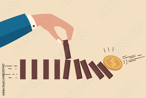 Stop loss or effort to avoid market crash or banking collapse, economic recession, problem prevention, help or rescue concept, businessman hand stop domino effect or financial chain reaction collapse.
