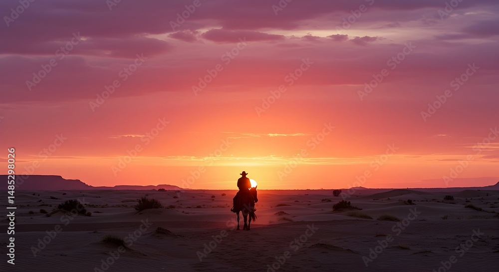 Riding Horseback at Sunset in Desert Landscape Riding Horseback at Sunset in Desert Landscape