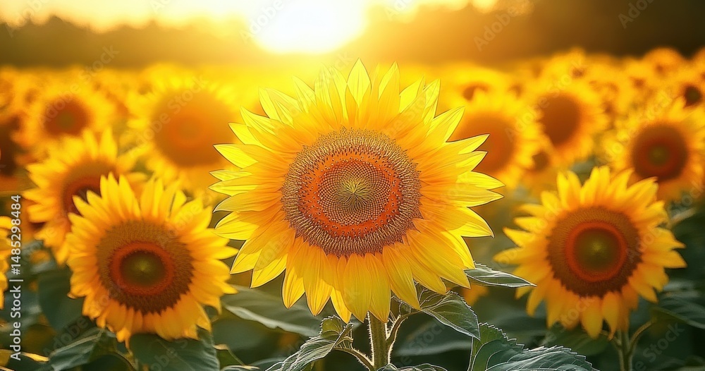 Obraz premium Bright yellow sunflowers glowing in warm sunlight with green leaves and a field of sunflowers fading into the distance under a soft golden sky