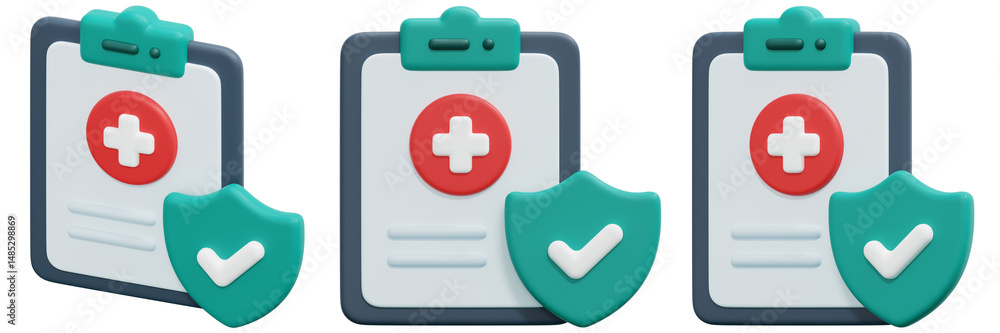 Obraz premium Set of 3D Rendered Medical Report Icons with Checkmarks and Shields 3d Render Icon Illustration