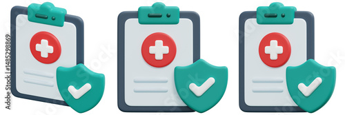 Set of 3D Rendered Medical Report Icons with Checkmarks and Shields 3d Render Icon Illustration