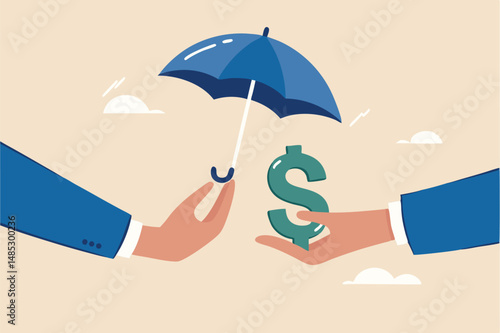Income protection, security or safety guard protect investment profit, wealth preservation or insurance, risk management concept, businessman hand offer umbrella to protect dollar sign money.