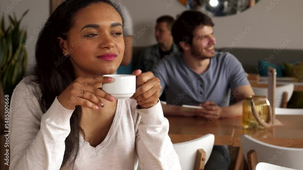 Dreamy girl savoring coffee in a cozy cafe Dreamy girl savoring coffee in a cozy cafe