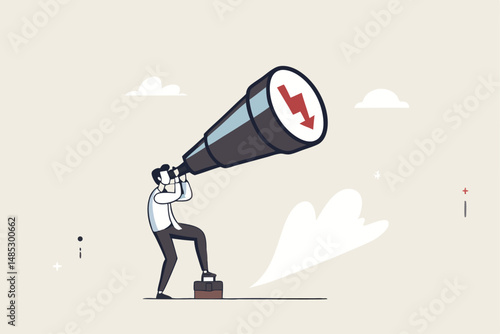 Economic forecast downturn, vision to see recession, stock market crisis or financial failure, inflation going down concept, businessman look on telescope falling down red arrow graph in the future.