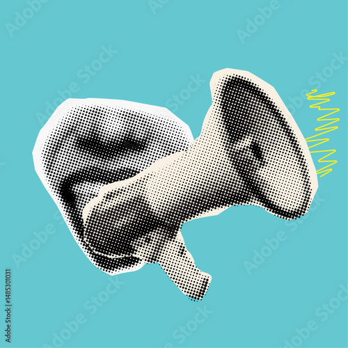 A mouth talking into a megaphone in retro halftone style,trendy collage element