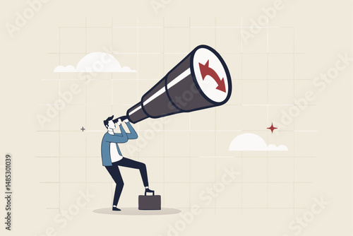 Economic forecast downturn, vision to see recession, stock market crisis or financial failure, inflation going down concept, businessman look on telescope falling down red arrow graph in the future.