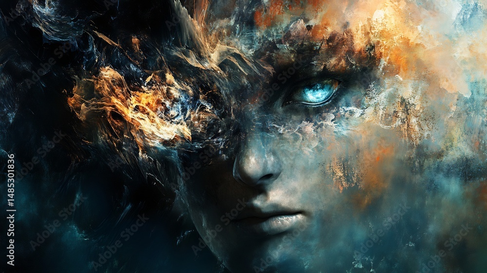 Mystic Face: Abstract Cosmic Portrait in Fiery Hues Mystic Face: Abstract Cosmic Portrait in Fiery Hues