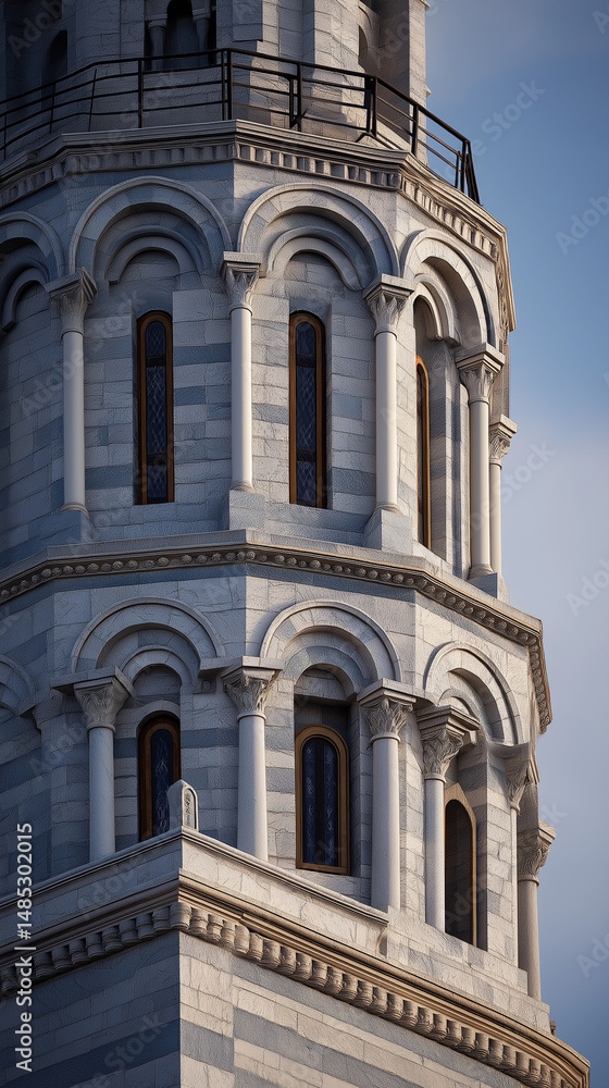 Obraz premium Leaning Tower Detail: Intricate architectural details of a historic tower, showcasing its elegant stonework, arched windows, and classical columns against a dramatic sky. 