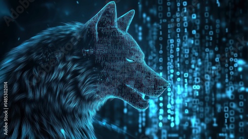 Digital wolf with code. Modern, secure IT data concept