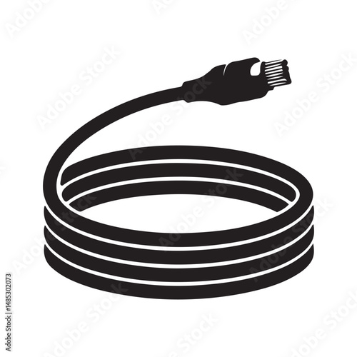 A coiled black electrical cable with a connector in a stylized illustration, Vector black silhouette. with white background
