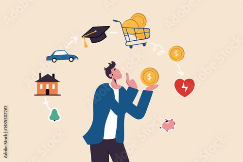 Budget planning, personal finance to allocate expense or payment, income and saving, accounting concept, businessman holding money coin think about budget planning with expense categories.