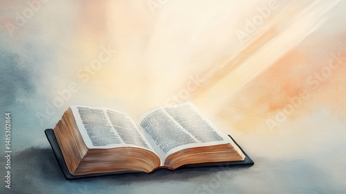 Radiant open book with ethereal light illuminating the pages, creating a serene and spiritual atmosphere, perfect for educational, theological, or inspirational themes.