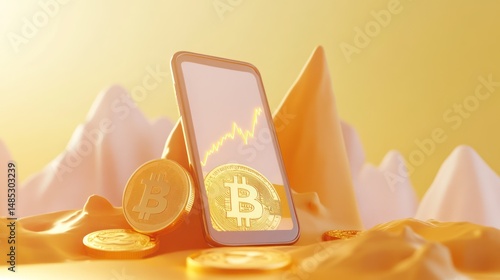 Bitcoin coins with a mobile phone showing a trending stock chart