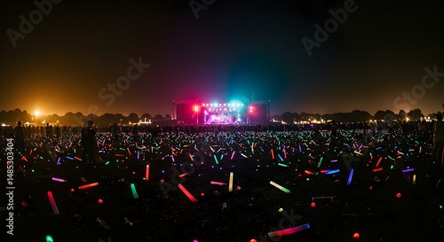 People Enjoying Night Outdoor Concert with Stage Lights and Glow Sticks