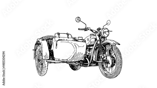 Vintage motorcycle with sidecar vector illustration, showcasing classic design and retro style. Perfect for nostalgia, travel themes, and adventure enthusiasts. Editable and scalable design.