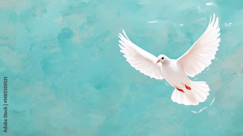 White dove soaring gracefully against a serene, turquoise background, symbolizing peace, hope, and freedom, illustrating tranquility and natural beauty for artistic or spiritual uses White dove soaring gracefully against a serene, turquoise background, symbolizing peace, hope, and freedom, illustrating tranquility and natural beauty for artistic or spiritual uses