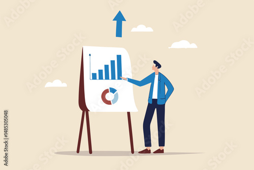 Present company growth, boost profit or increase revenue, success investment or growing sales, report or improvement statistics concept, businessman present graph with high improvement bar chart.