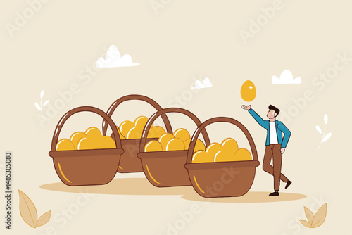 Diversification, investment portfolio strategy to reduce risk and maximize return, earning and profit, asset allocation concept, businessman holding golden eggs diversify by putting in many baskets.