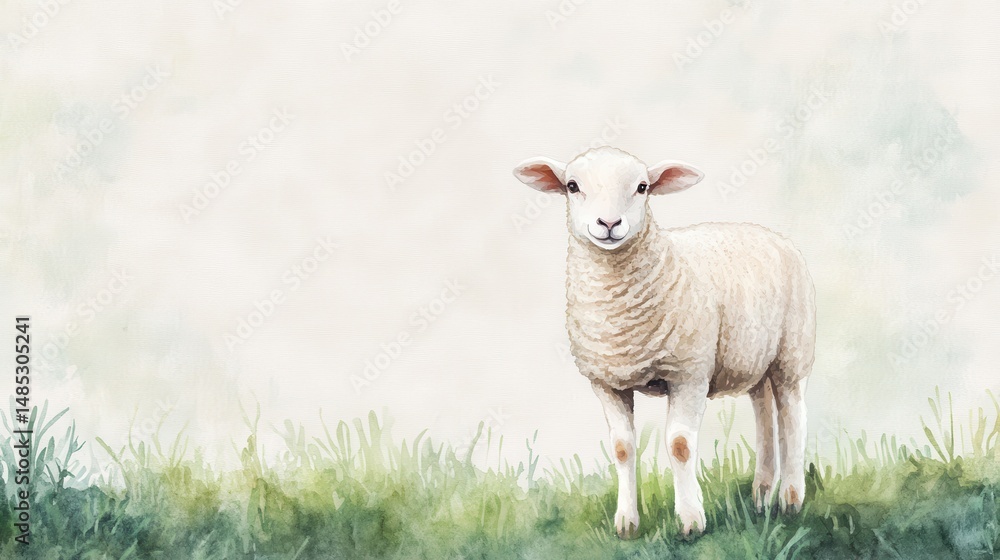 Charming, soft watercolor lamb standing on lush green grass with a gentle expression, perfect for nature-themed designs, children's illustrations, and pastoral art. Charming, soft watercolor lamb standing on lush green grass with a gentle expression, perfect for nature-themed designs, children's illustrations, and pastoral art.