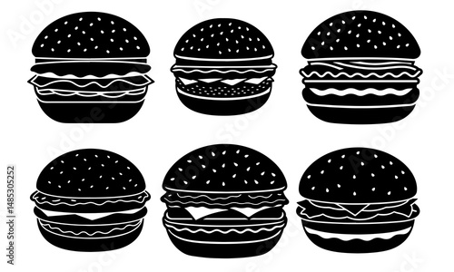 Burger Silhouette Delight: A meticulously crafted collection of burger silhouettes showcases the iconic sandwich, each variant offering a glimpse into the culinary world of fast-food classics.