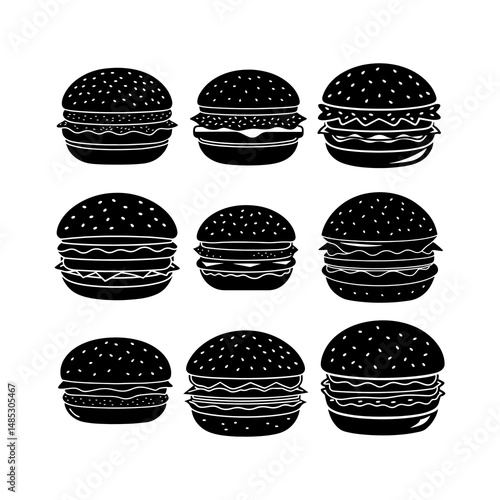 Burgers Silhouette Feast: A striking arrangement of diverse burger silhouettes, capturing the essence of fast food and culinary delights in a monochromatic graphic, offering a feast for the eyes.