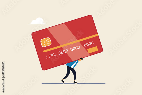 Credit card debt, financial problem, loan or obligation to pay back, over spending or expense, money trouble or despair concept, frustrated businessman carry credit card debt burden or loan payment.