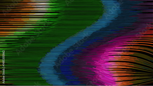 Abstract visualization of multicolored horizontal lines with varying shades and curved patterns design