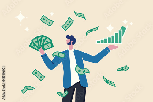 Earn money or make profit investing, easy cash or loan, investment professional or expert, wealth management or success investor concept, rich businessman hold pile of money banknote and growth chart.