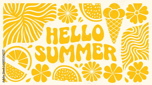 A yellow graphic design featuring the words hello summer with stylized fruits and ice cream cone shapes