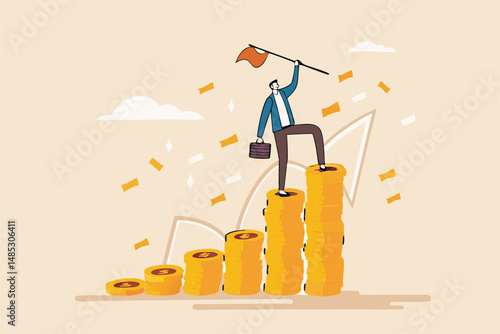 Financial success, reaching financial freedom, money achievement or earning profit or savings or investment goal concept, success businessman holding winning flag on top of money coins stack.