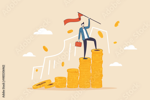 Financial success, reaching financial freedom, money achievement or earning profit or savings or investment goal concept, success businessman holding winning flag on top of money coins stack.