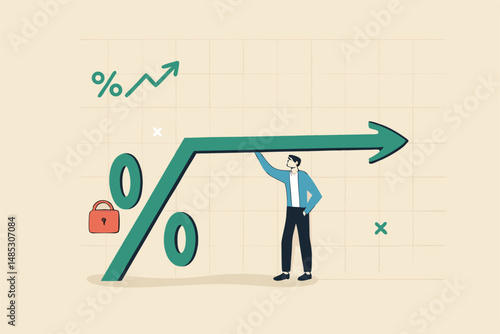 Fixed interest rate, mortgage or loan, fixed cost or constant price, banking or financial return rate concept, businessman real estate owner with fixed percentage sign.