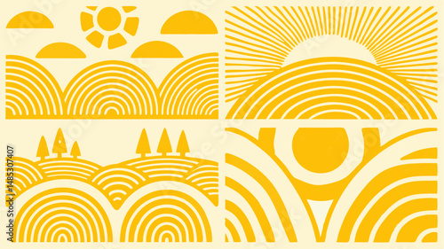 Four panels showing stylized landscapes with sun clouds hills trees and radiating sun in yellow tones