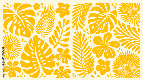 Illustration of a seamless pattern with yellow tropical leaves and flowers on a light background design art