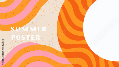 Retro summer poster with wavy lines in orange and pink and a white circle for text or image overlay design