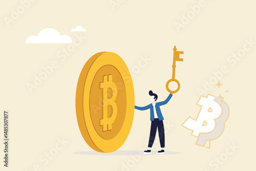 Private key or hardware wallet to store cryptocurrency or Bitcoin, security password or safety protection for crypto currency concept, confidence businessman investor holding private key with Bitcoin.