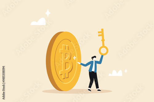 Private key or hardware wallet to store cryptocurrency or Bitcoin, security password or safety protection for crypto currency concept, confidence businessman investor holding private key with Bitcoin.