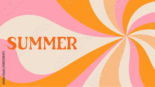 Retro summer design with swirling lines in pink, orange and cream colors and the word summer in orange font