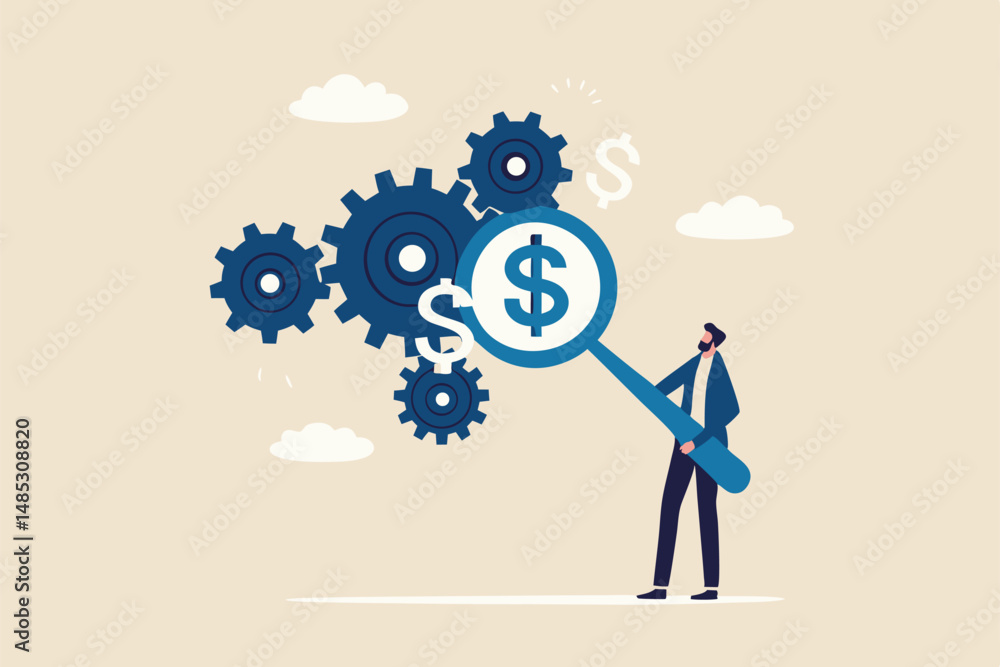 Cost effective, reduce cost and time to maximize better quality result, optimize cost and expense for better profit strategy concept, businessman with magnifier dollar money from cog gear production. Cost effective, reduce cost and time to maximize better quality result, optimize cost and expense for better profit strategy concept, businessman with magnifier dollar money from cog gear production.