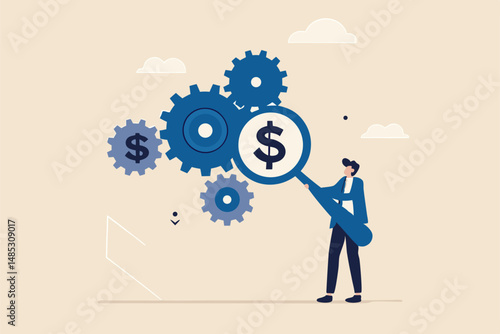 Cost effective, reduce cost and time to maximize better quality result, optimize cost and expense for better profit strategy concept, businessman with magnifier dollar money from cog gear production.