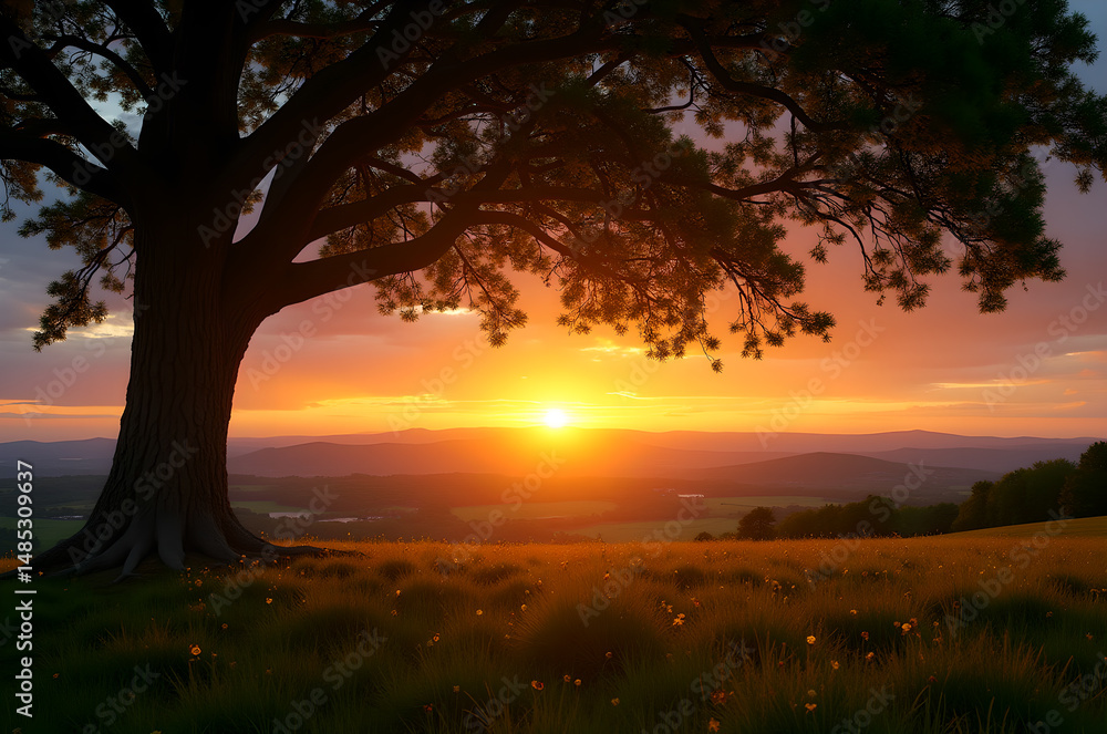Tree with sunrise in the background,generative ai Tree with sunrise in the background,generative ai