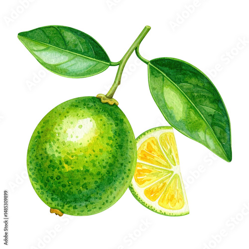 Detailed Watercolor Illustration of Isolated Calamansi Fruit with Leaf on White Background, Ideal for Culinary and Botanical Art Projects