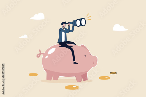 Financial future, discover investment opportunity, mutual fund or stock market pension fund, wealth management or savings concept, businessman riding piggybank look through binoculars to see future.