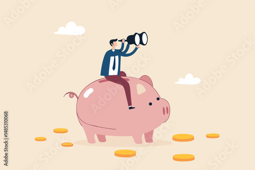 Financial future, discover investment opportunity, mutual fund or stock market pension fund, wealth management or savings concept, businessman riding piggybank look through binoculars to see future.
